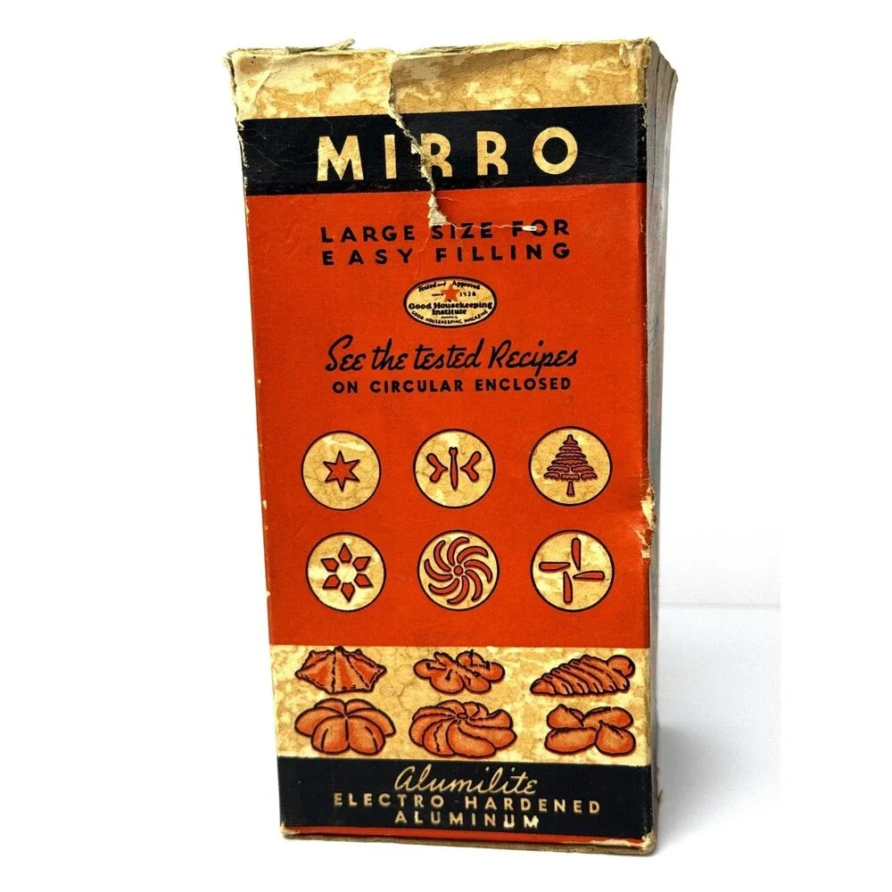 Vintage Mirro Aluminum Cookie Pastry Press 7 Discs Booklet Box Base USA